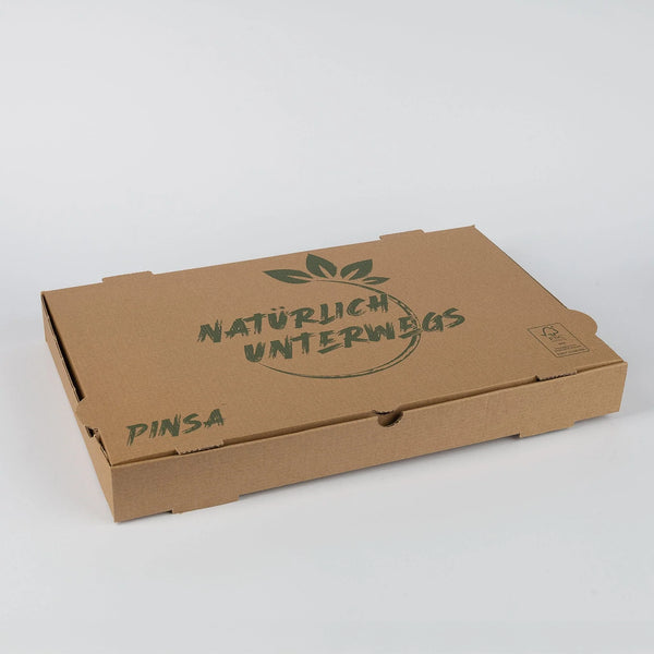 Pinsa Karton, Americano, FSC Mix, 24x38x4,5cm, doppel-kraft, braun, Motiv "Natürlich unterwegs", VPE: 100 St.