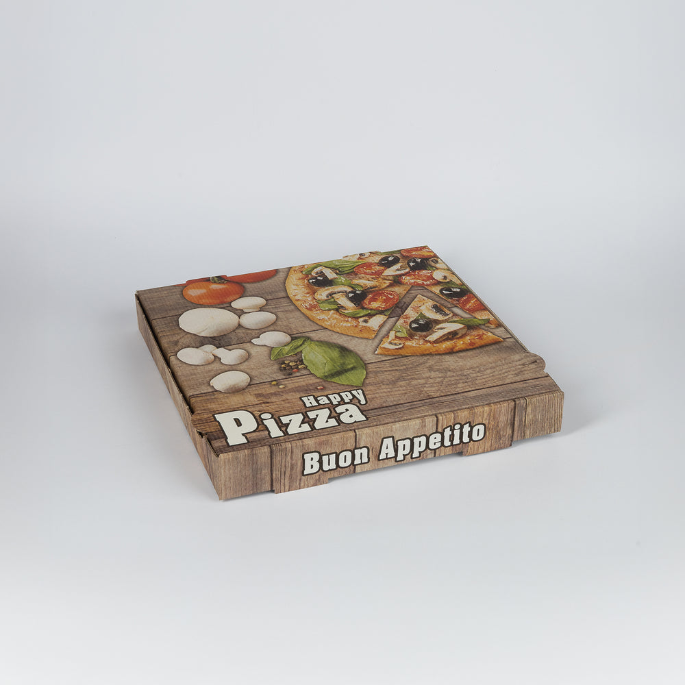 Pizzakarton-Francia, 30x30x4cm, kraft, weiß/weiß (TBSKB), Motiv "Happy Pizza", VPE: 100St.