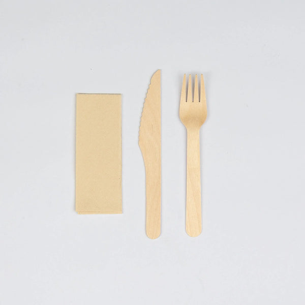 Besteck-Set aus Holz, Gabel, Messer u. Serviette, 160mm, biobeschichtet , VPE : 250 St.