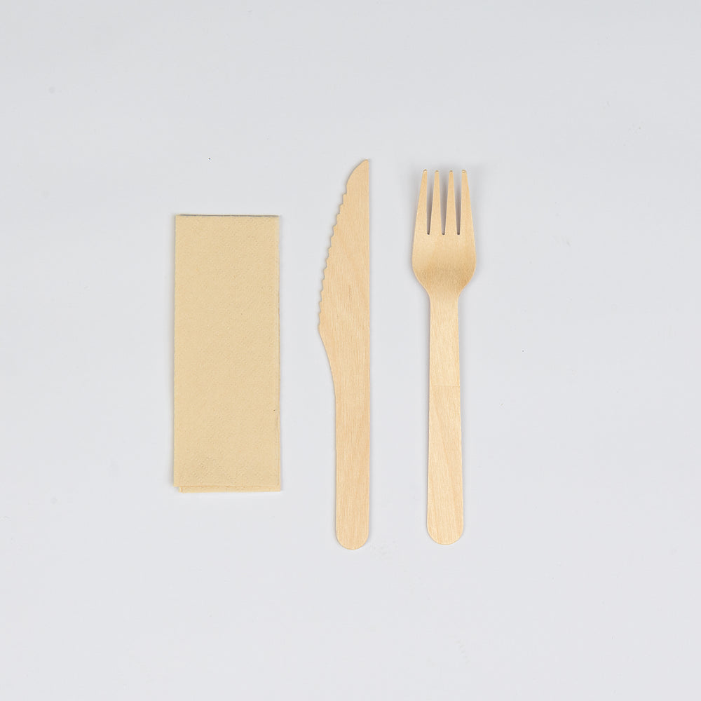 Besteck-Set aus Holz, Gabel, Messer u. Serviette, 160mm, biobeschichtet , VPE : 250 St.