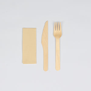 Besteck-Set aus Holz, Gabel, Messer u. Serviette, 160mm, biobeschichtet , VPE : 250 St.