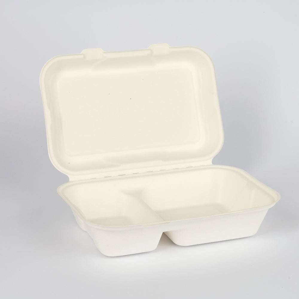 Bagasse, Menübox m. Klappdeckel, 2-get., 23x15cm, 470/300ml, VPE: 400 St.