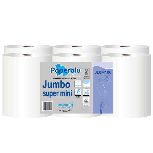 Toilettenpapier, MINI-Jumbo, reiner Zellstoff, hochweiss, 2-lagig, 180mt , VPE: 12 Rollen