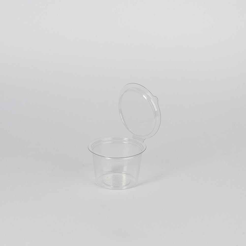 rPET-Dressingbecher m. anhängenden Deckel, 100ml, Ø70mm, VPE: 405 St.