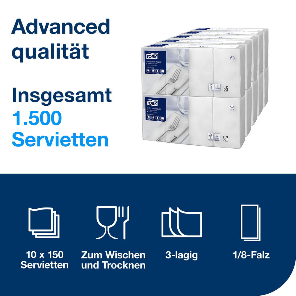 Tork, Soft Lunchservietten, 33x33cm, 3lg, 1/8-Falz, weiß, VPE 1.500 St.
