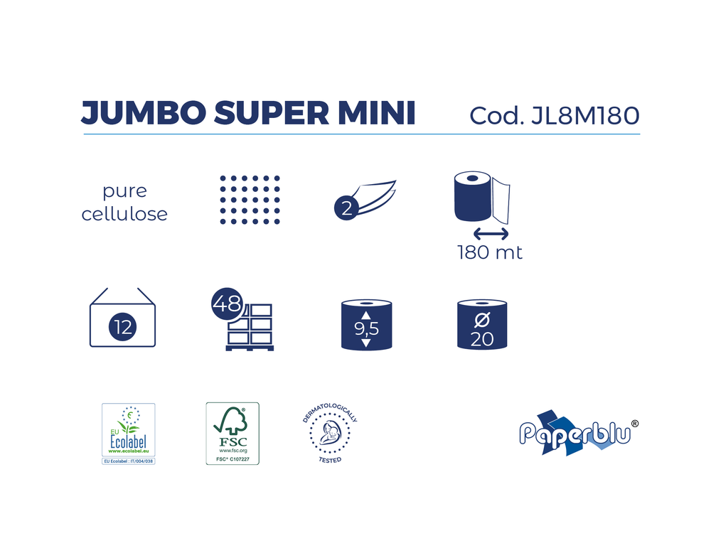 Toilettenpapier, MINI-Jumbo, reiner Zellstoff, hochweiss, 2-lagig, 180mt , VPE: 12 Rollen