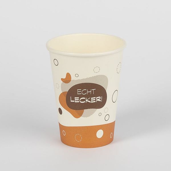 Pappbecher, weiß/PE, Motiv "Echt Lecker", 12oz, Ø90mm, 300ml, VPE: 1.000 St.
