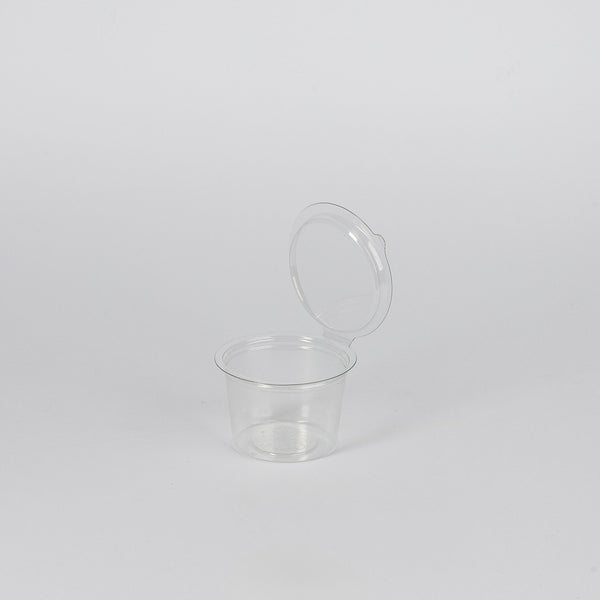 rPET-Dressingbecher m. anhängenden Deckel, 100ml, rund, transparent, Ø70x47mm, VPE: 405 St.