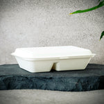 Bagasse, Menübox m. Klappdeckel, 2-get., 23x15cm, 470/300ml, VPE 25 St.